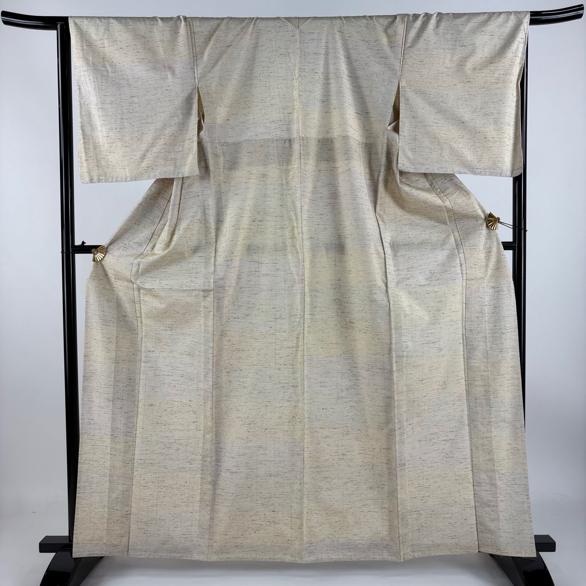 紬 身丈163cm 裄丈67cm M 単衣 段縞模様 ベージュ 正絹 名品