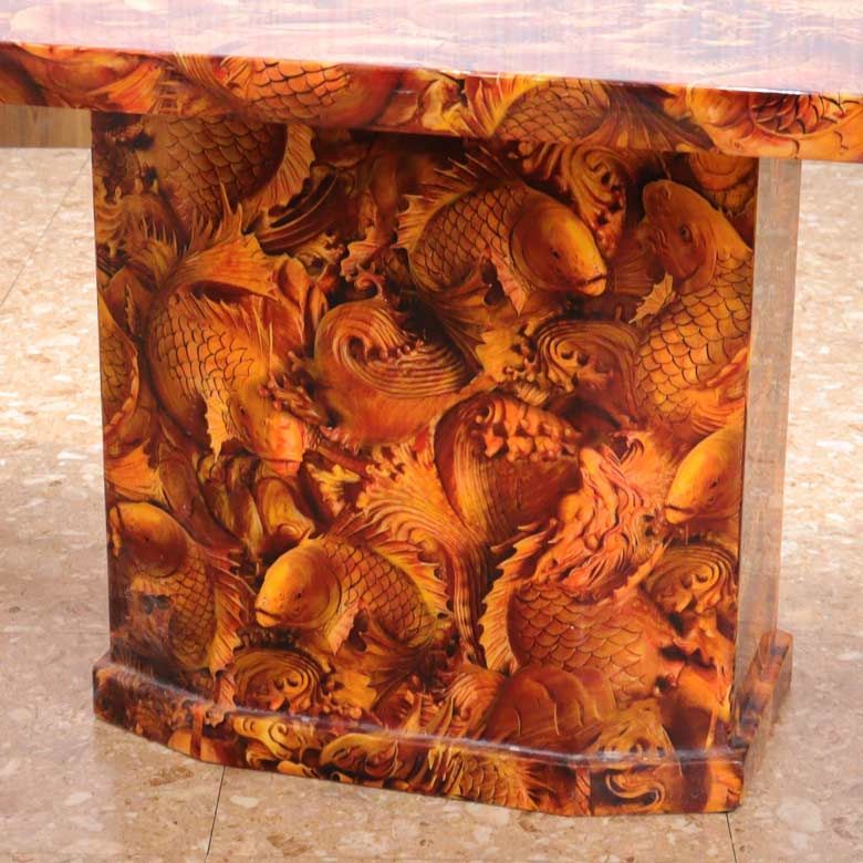 大理石 ダイニングセット 5点セット 180cm 本革 オレンジ 4人用 龍と鯉