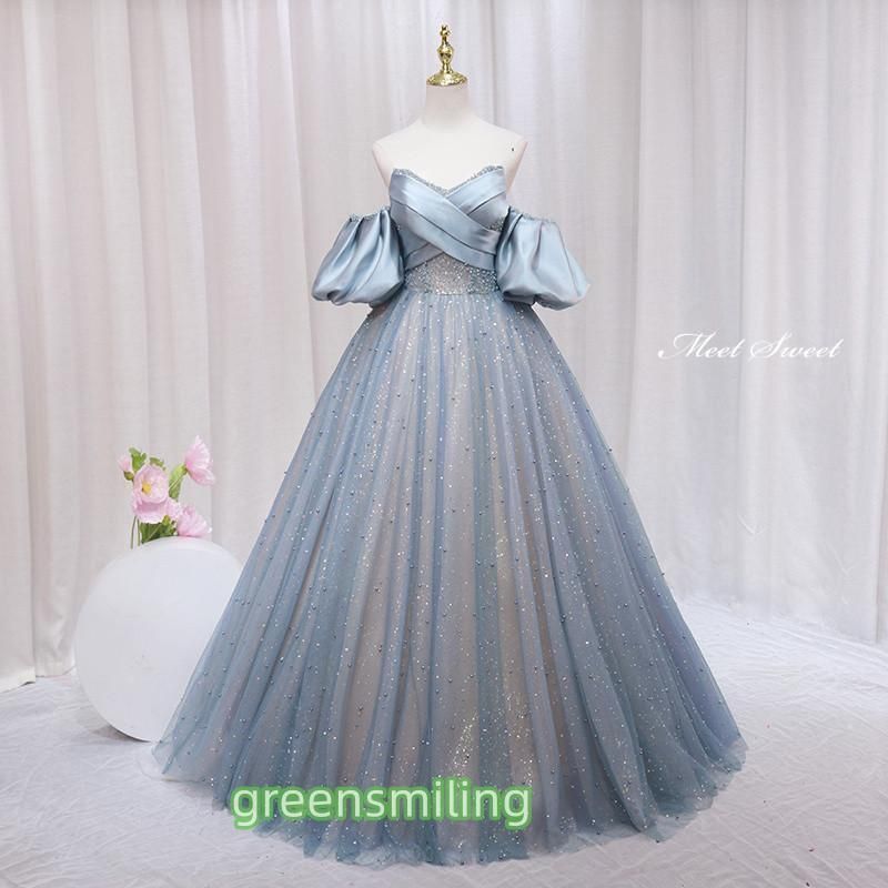 ドレス プリンセスライン ブルー ベアトップ 袖付き キラキラ ロングドレス ウェディングドレス 結婚式 二次会 花嫁 前撮り
