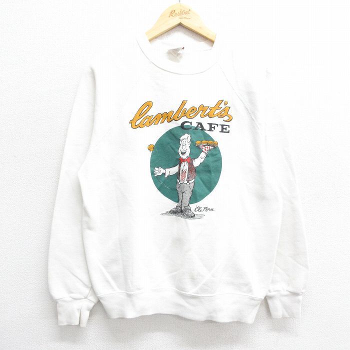 M/古着 長袖 スウェット メンズ 80s Lamberts CAFE ラグラン クルーネック 白 ホワイト 24aug31 中古 スエット トレーナー トップス