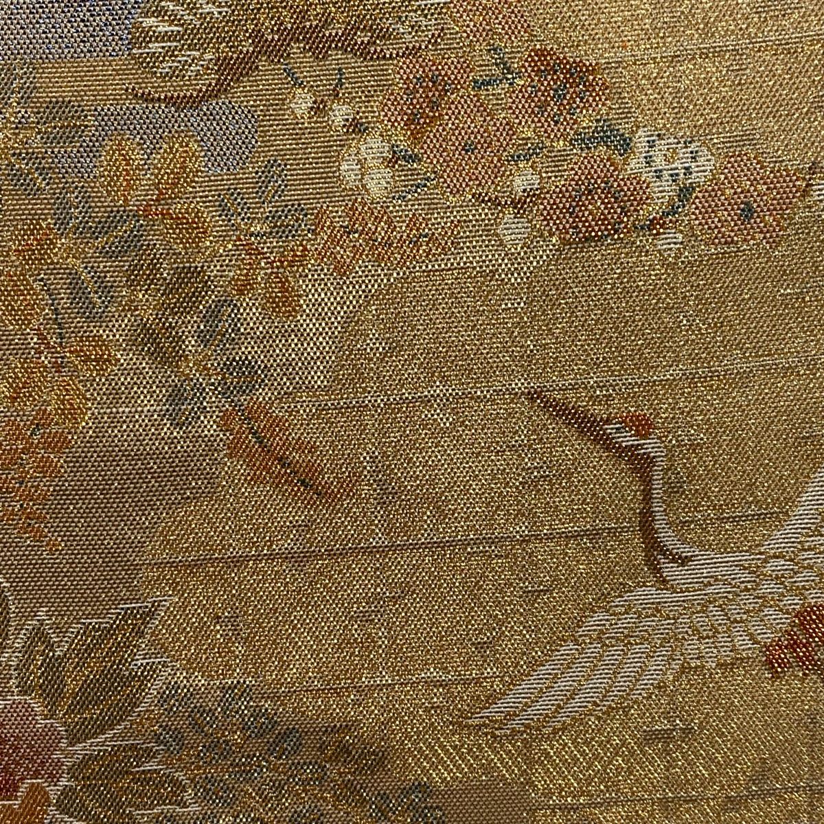 袋帯 秀品 花鳥 松竹梅 箔 金色 六通 正絹