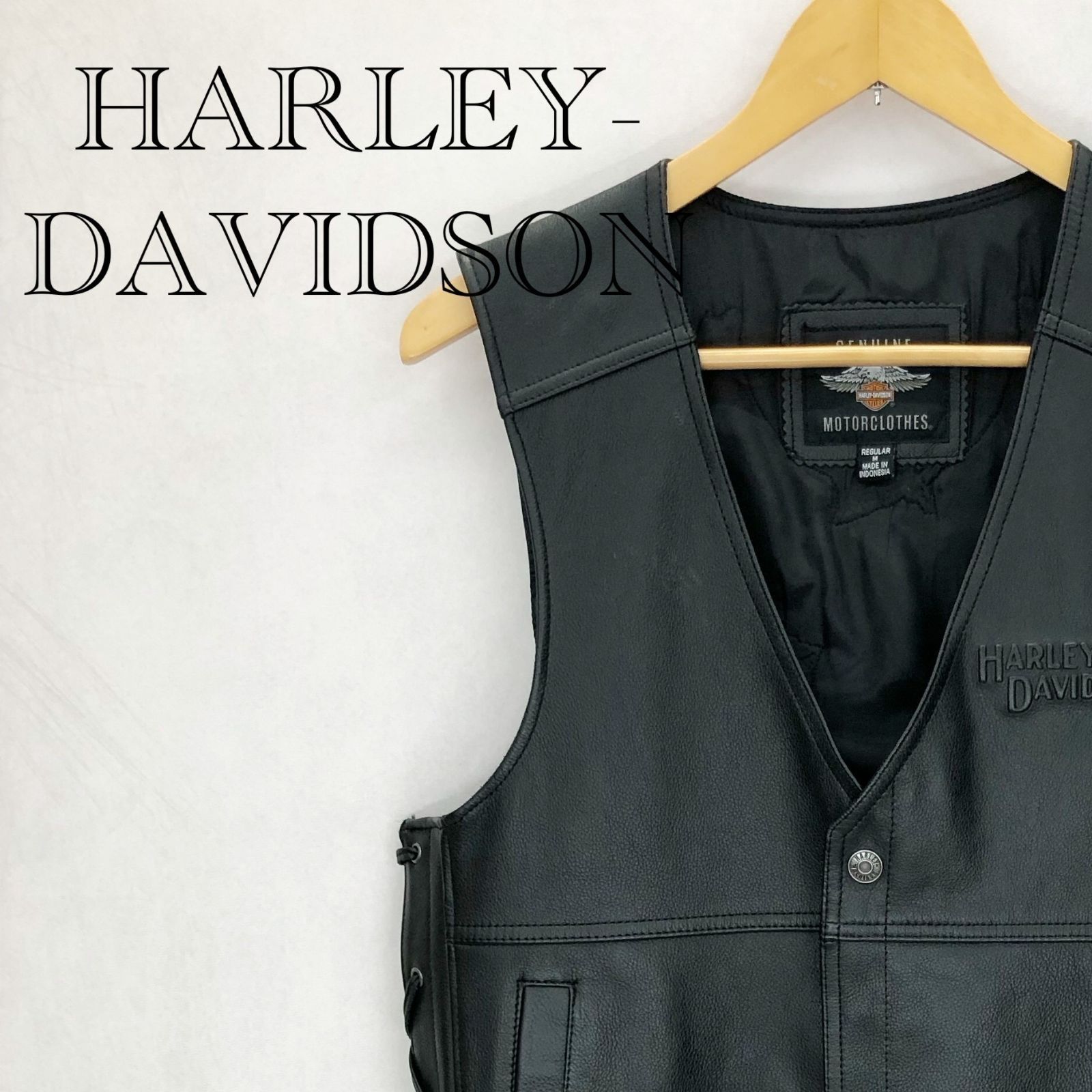 HARLEY-DAVIDSON レザーベスト 98024-18VM M ブラック 牛革 イーグル 鷲 刺しゅう 編み上げ メンズ