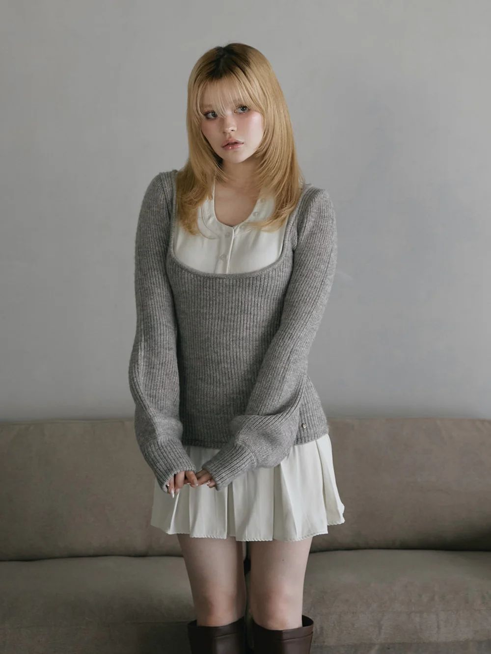 andmary Demilayered minidress grayアンドマリー Demi layered mini dress ANDMARY