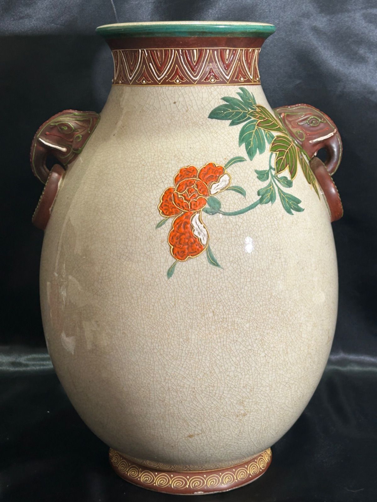 金彩色絵 牡丹図 肉厚 肉筆 双耳 象耳 薩摩焼 古薩摩 床