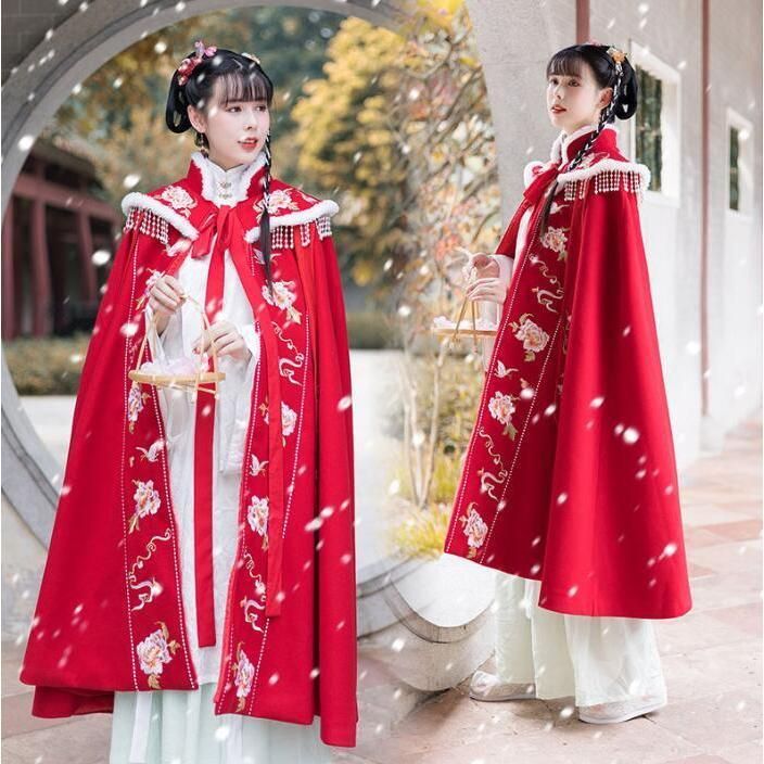 裏起毛レディース漢服マント ロング丈羽織 唐装漢服 冬 花刺繍マント ケープ 森ガール風中華服 厚手 古典美人 ファー付きチャイ BJ0903ML251