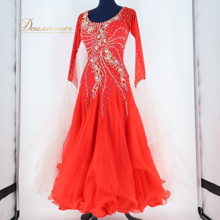 【社交ダンス衣装】朱色×豪華フリルファー ワンピース ドレス フロート レース 社交ダンス 衣装 スタンダードドレス スタンダード ドレス