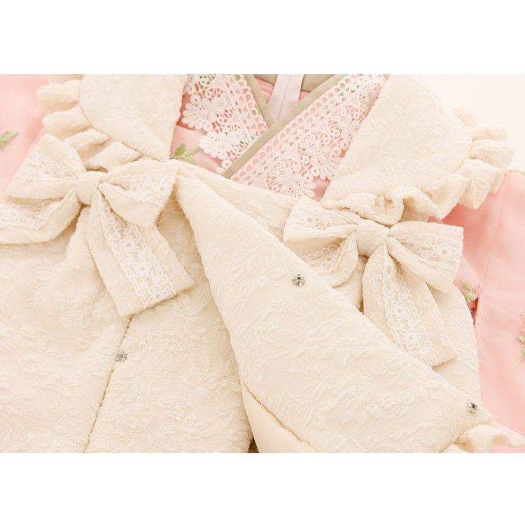 ホワイト着物×桜色被布】花刺繍チュールレース着物ワンピース＆ 被布