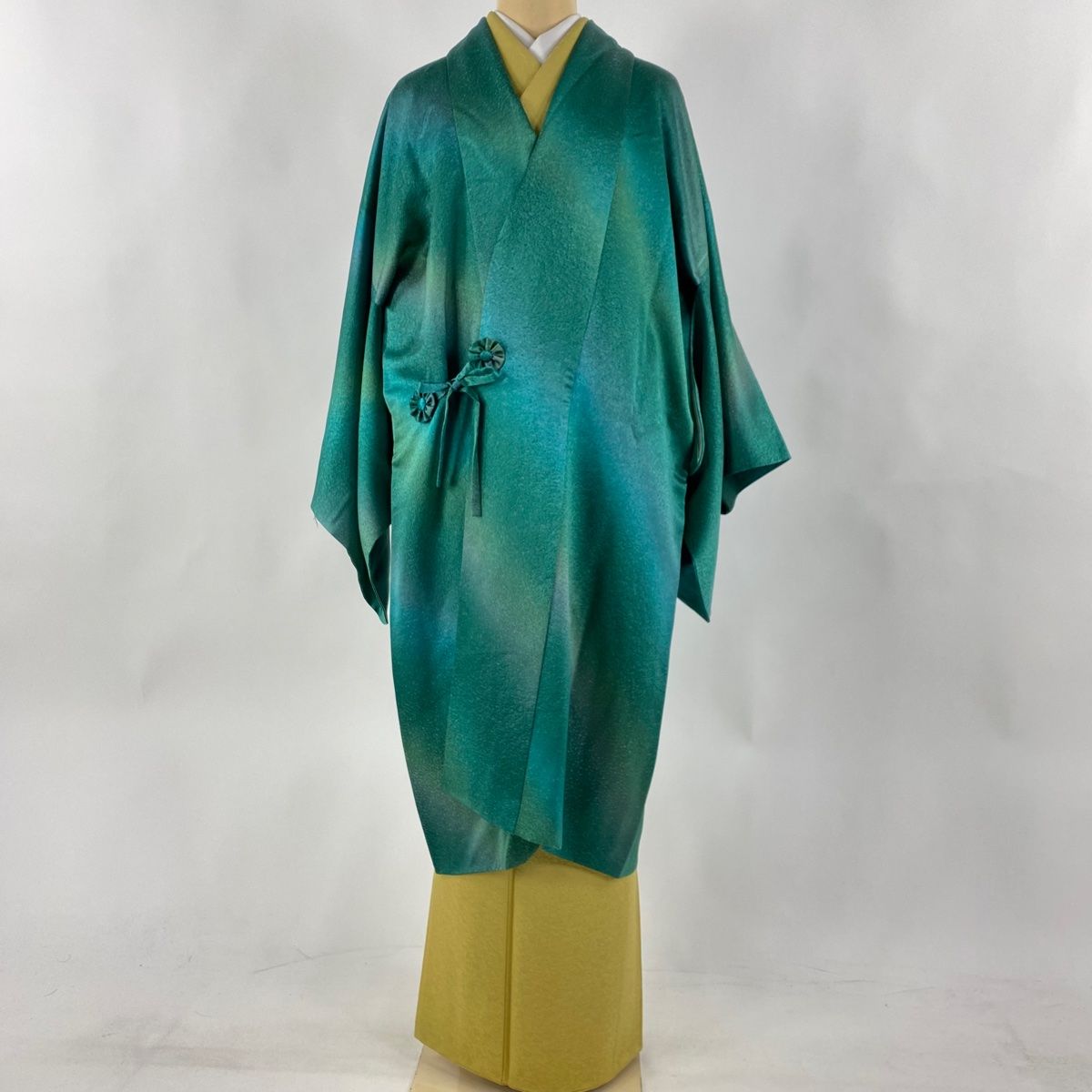 道中着 身丈105cm 裄丈65.5cm M 薗部正典 和装コート 落款 ぼかし 緑  