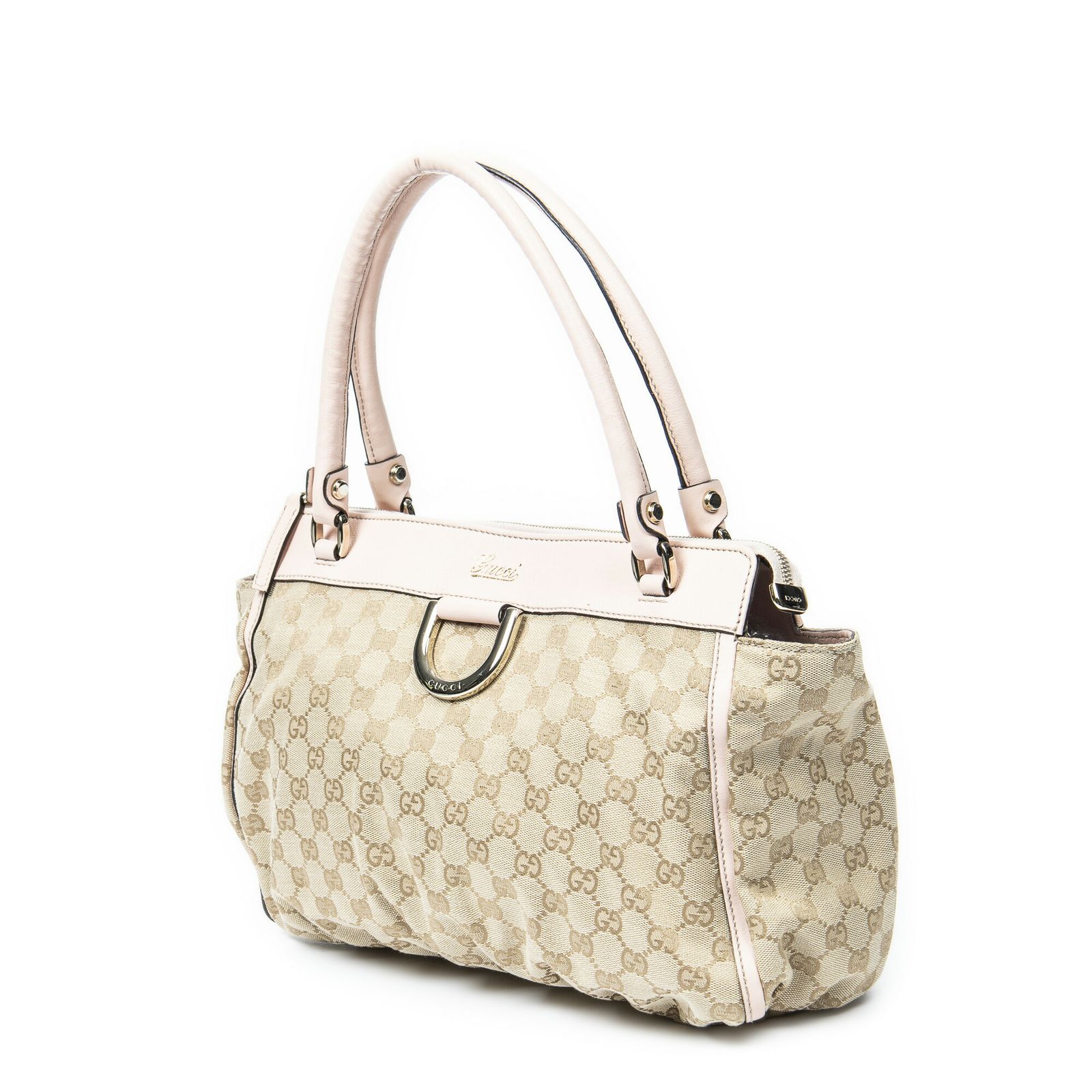 GUCCI グッチアビー Dリング ジップ トートピンク ベージュGGキャンバスA