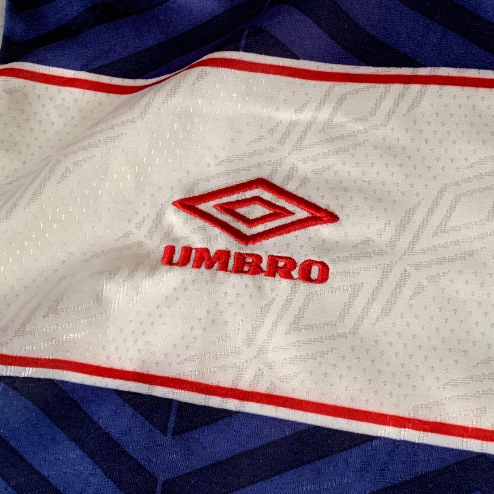 90s UMBRO S/S Football Game Shirt アンブロフットボールシャツ ゲームシャツ 半袖 ホワイト ブルー レッド Lサイズ  ロゴ刺繍 ボーダー Y2K ブロークコア フットボール サッカー ストリート アクロス