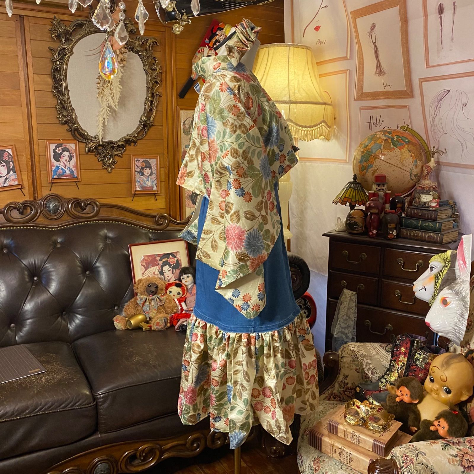 着物×デニム リメイク セットアップ ツーピース 2部式 レトロ 古着