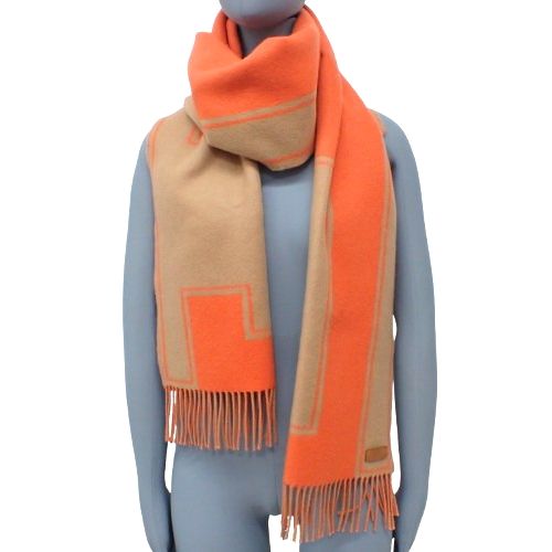 【オレンジ系】HERMES マフラー クレ・ドゥ・H HERMES(エルメス) クレ・ドゥ・H オレンジ キャメル茶 カシミヤ