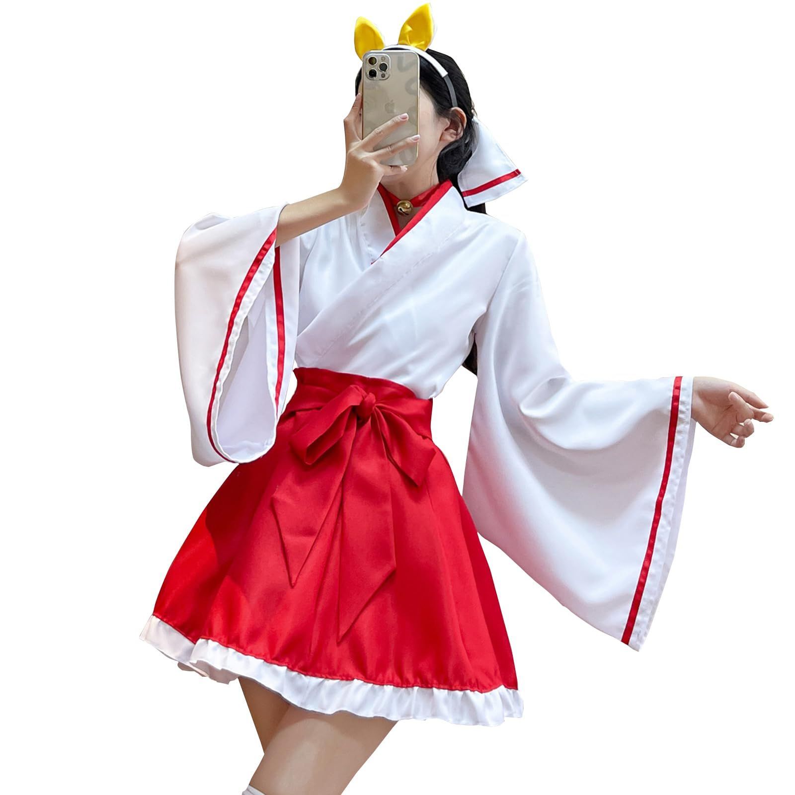 【数量限定】ゆったり レディース 可愛い 和服 蝶結び 和風 コスプレ ハロウィン 神社巫女 コスチューム 仮装 巫女服 学園祭 白 夢のなかの 赤 [LanBuff] 衣装