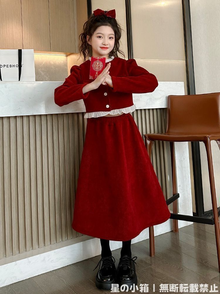 新品未使用 女の子 ドレス 秋冬コレクション 立体花柄赤ドレス ジャケットセット 子供用お正月服 綿入り暖かい洋服 ワンピース 七分袖 長袖