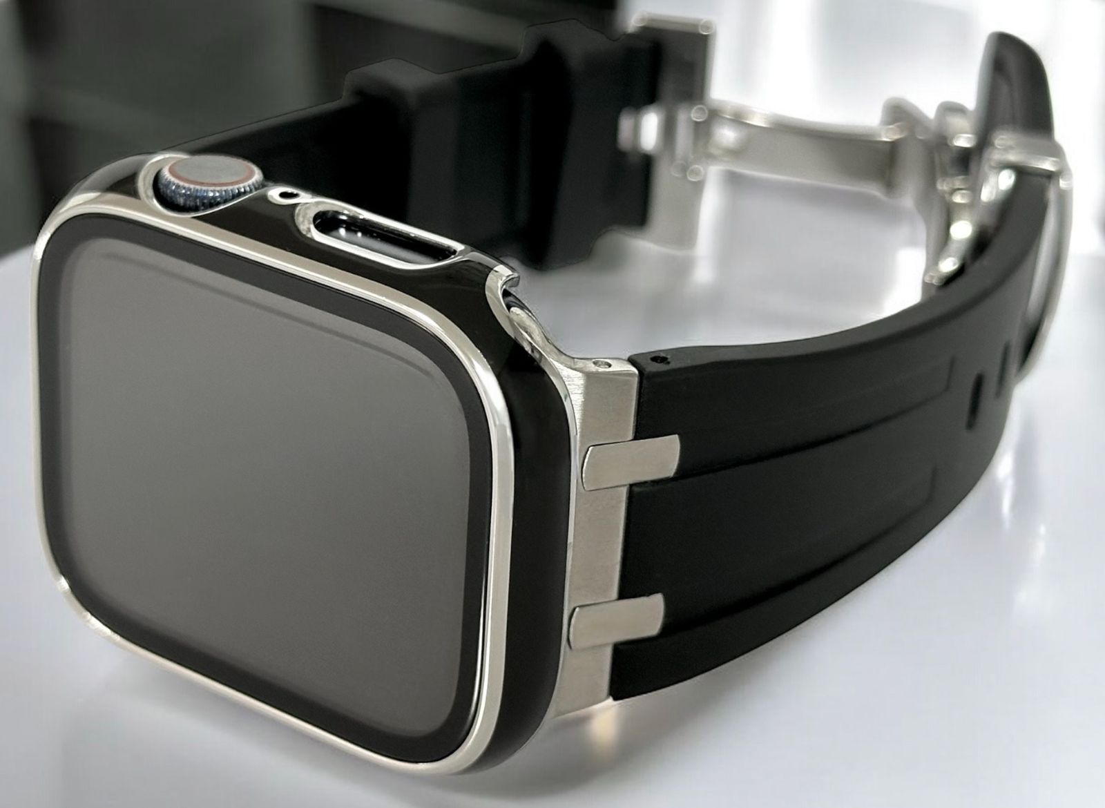 ブラックシルバー Apple Watchバンド ラバーベルト ステンレス アップルウォッチ画面保護カバー レーザー刻印ケース 40mm41mm44mm45mm46mm49mm ウルトラ ultra ultra2