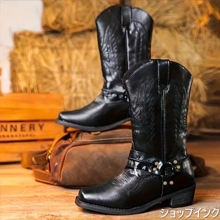 ウエスタンブーツ リングブーツ スクエアトゥ 刺繍 チャンキーヒール スリッポン ユニセックス ローヒール 騎士ブーツ 冬靴 春秋 柔らか ノンスリップ 復古 カウボーイ レトロ 厚底 防水 カット ハイカット メンズブーツ ブーツ 冬 防滑 ロック系 黒