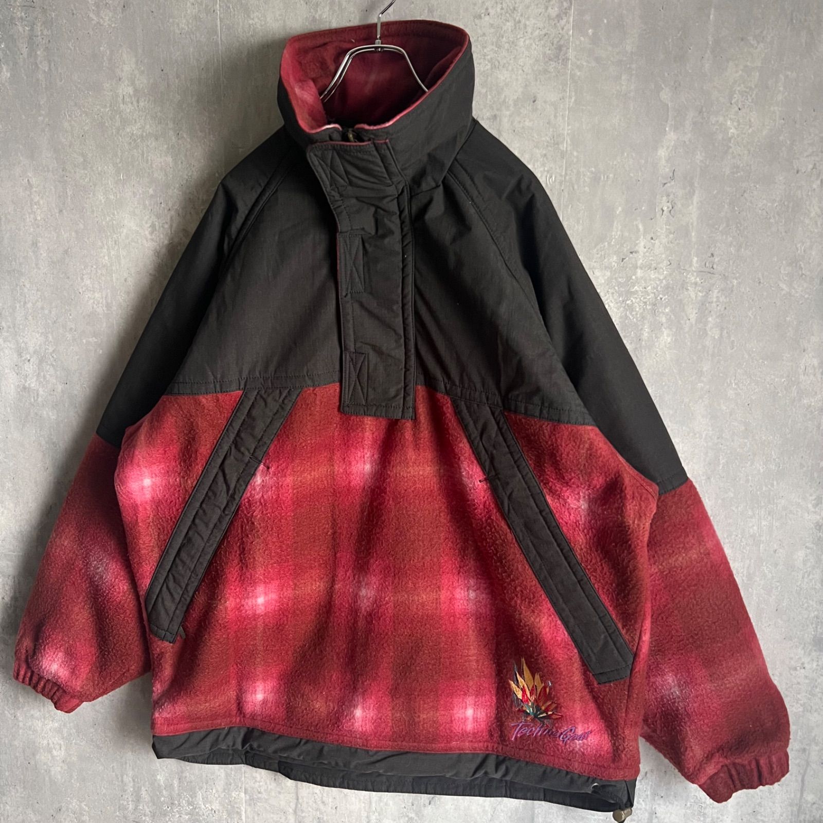90s DESCENTE デサント テクノギア ハーフジップフリースジャケット シャドウチェック 刺繍デザイン TEC-9023 XLサイズ