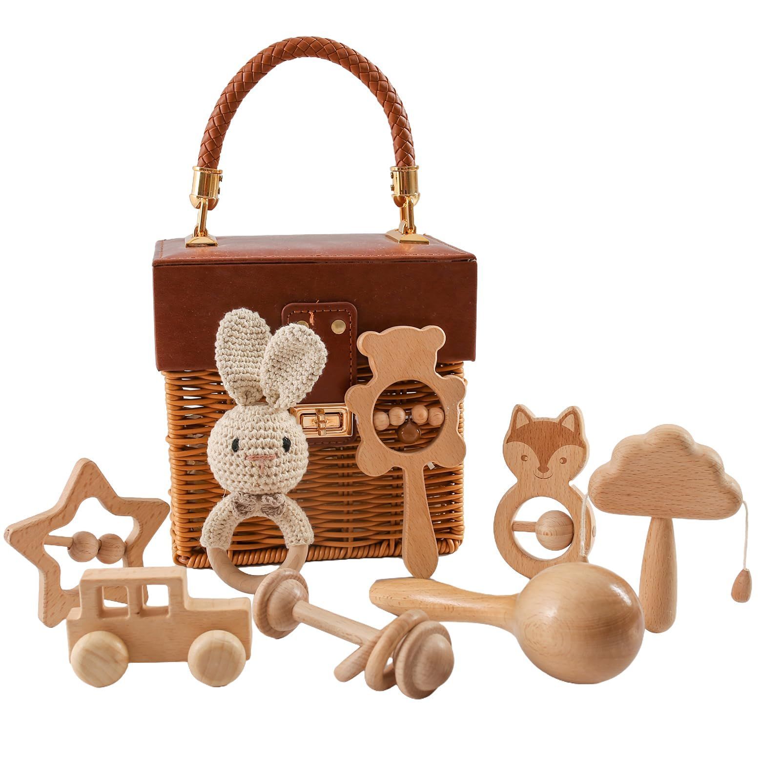 Wooden Teether ガラガラ ラトル 出産祝い おもちゃ 木製 ひも通しおもちゃ 手押し車 ベビーおもちゃセット 木のおもちゃ 無塗装 8個セット 知育玩具 ベビーギフトセット 出産祝い 贈り物
