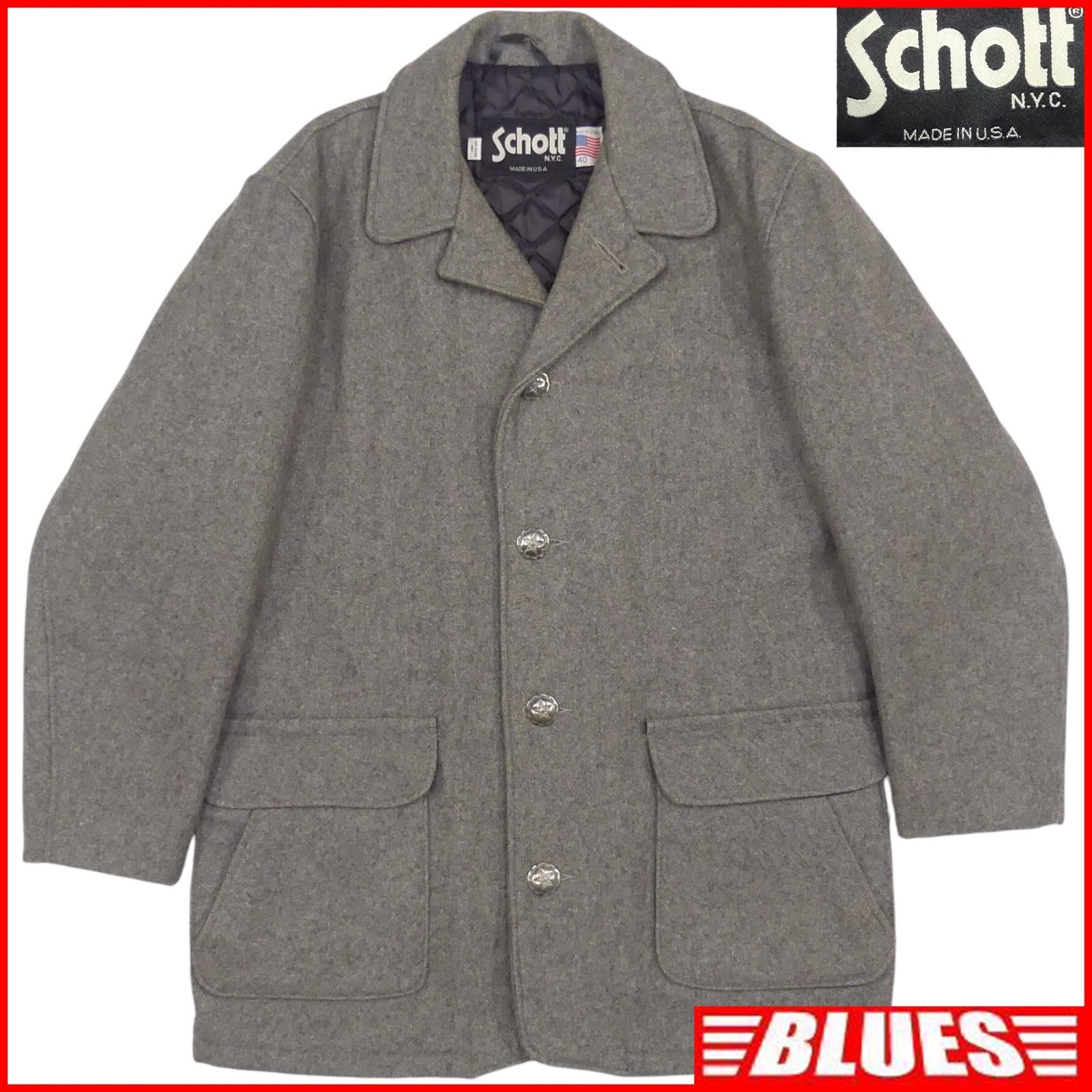 美品L★ショット　ピーコート　シングル　キルティング　グレー　サイズ40 米国製 Schott ショット Pコート ピーコート シングル 40 グレー 90s
