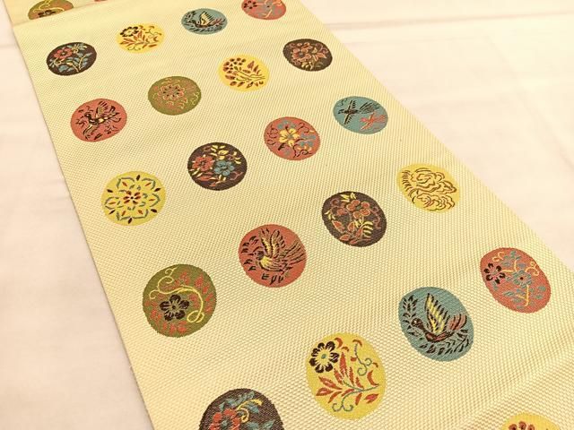 平和屋着物◎本場筑前博多織 八寸名古屋帯 花鳥丸文 正絹 逸品
