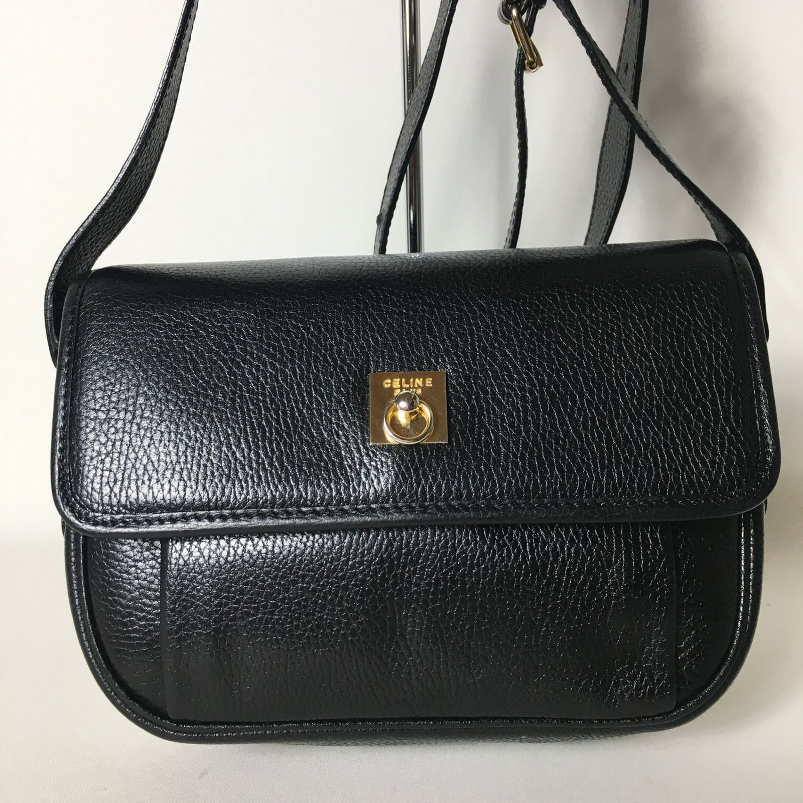 2509-9｜美品｜セリーヌ ショルダーバッグ レザー ブラック ガンチーニ  