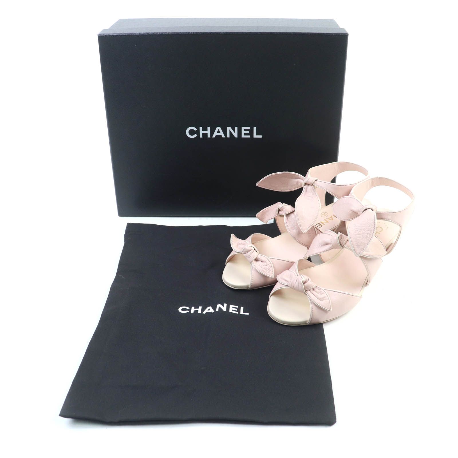 CHANEL シャネル G35297 ココマーク金具付 リボンデザイン アンクルストラップ レザー サンダル ピンク 35.5 箱 保存袋付き イタリア製 レディース