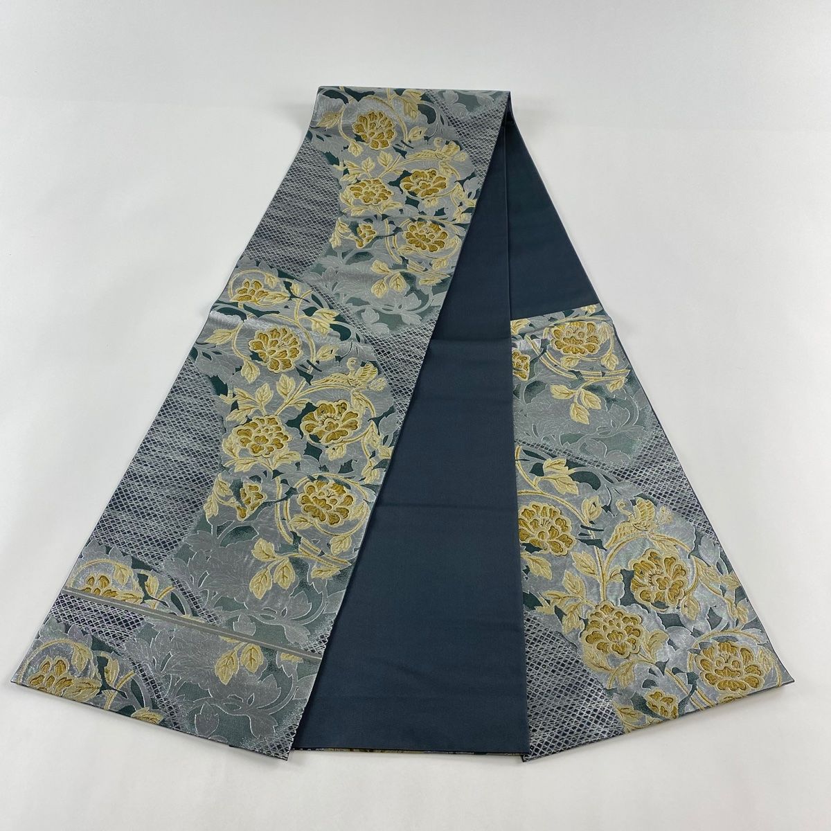 袋帯 美品 逸品 川島織物 落款 花唐草 箔 銀糸 灰緑 六通 正絹 【中古 
