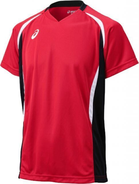 asics アシックス GAMESHIRTSHS Vレツドxブラツ O XW1325 2490 | スポーツ バレーボール メンズ レディース バレーボールウェア ウエア トップス レッド 赤 ブラック 黒 O ゲームシャツ シャツ 半袖 吸汗