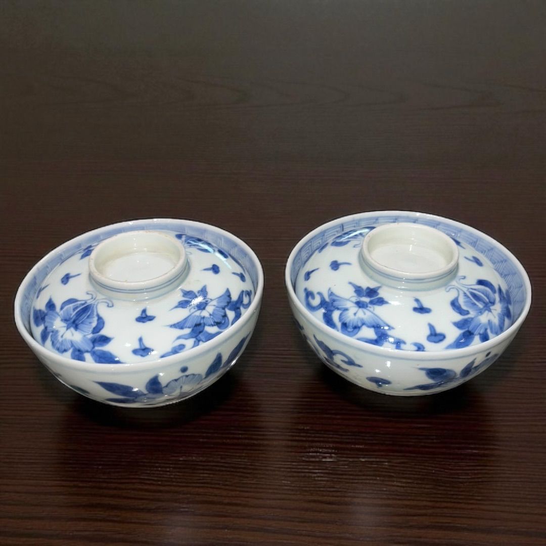 古伊万里　染付　花びら文様の図　小振蓋茶碗　２客　E877AS-fbss 古伊万里 染付 花びら文様の図 小振蓋茶碗 2客 E877AS-fbss 工芸品