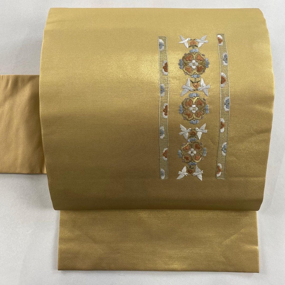 名古屋帯 秀品 鳥 華文 刺繍 金糸 金色 正絹