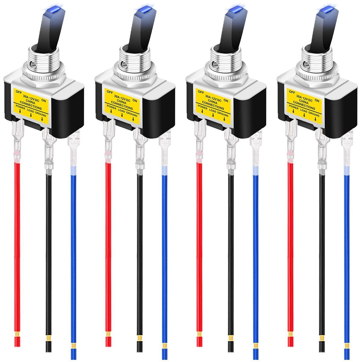 DC 12V 個点灯トグルスイッチ 30A、SPST 3 ピンオンオフ青色 4 DC 12V 個点灯トグルスイッチ 30A、SPST 3 ピンオンオフ青色 4