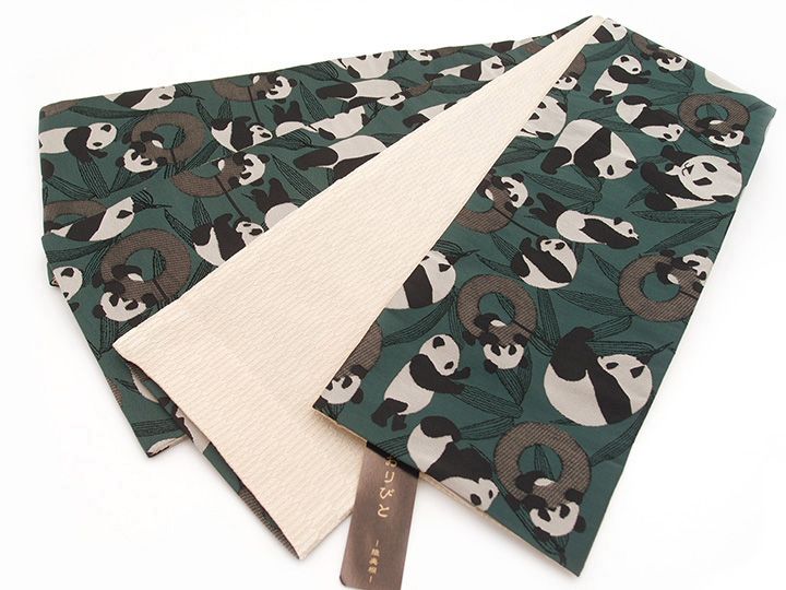 おりびと 半幅帯 半巾帯 織美桐 リバーシブル 浴衣にも 浴衣帯 カジュアル 仕立て済み パンダ柄 熊猫 深緑色 グリーン かわいい おしゃれ 日本製 レディース 送料無料 半幅帯 おりびと g554 Si