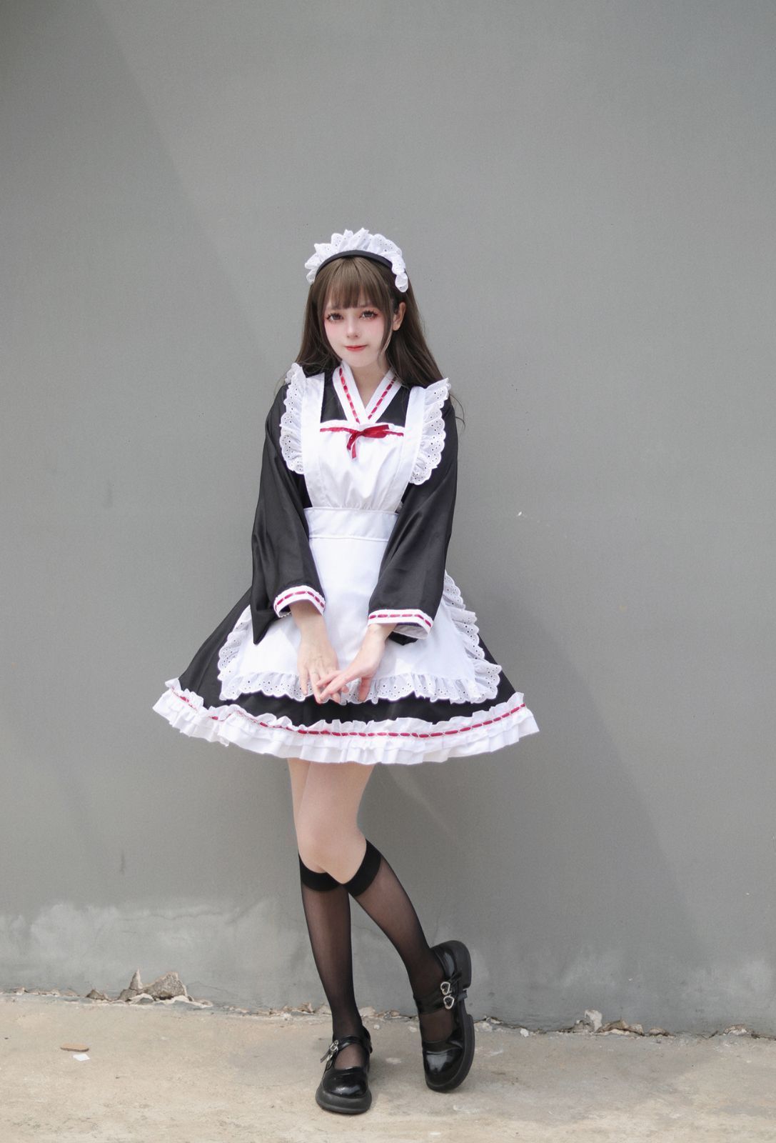 和風クラシックメイドロリータワンピース 黒×白