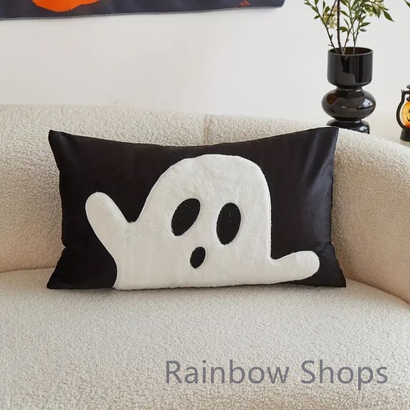 ♥ ハロウィンの幽霊刺繍クッションカバー 現代風スタイル 詰め物なしの1枚の装飾用クッションケース スポットクリーン ユニークなデザイン ジッパー付き 家庭 リビングルーム 寝室 パーティー用の多目的 ポリエステル yunban556