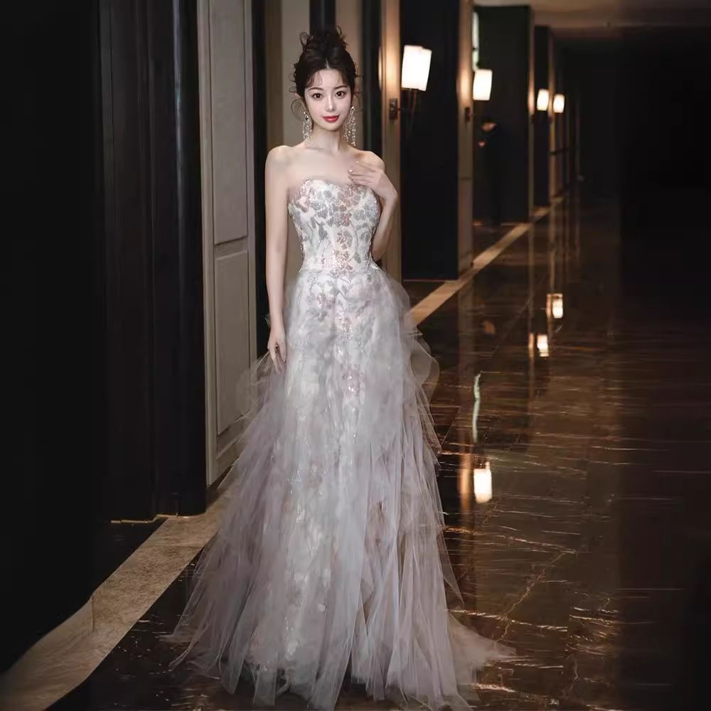 レディース パーティードレス 在逃公主デザイン 订婚式 軽奢 小众 感 宴会 主持用 チューブトップ 軽婚纱 敬酒服 新婦用-10.13