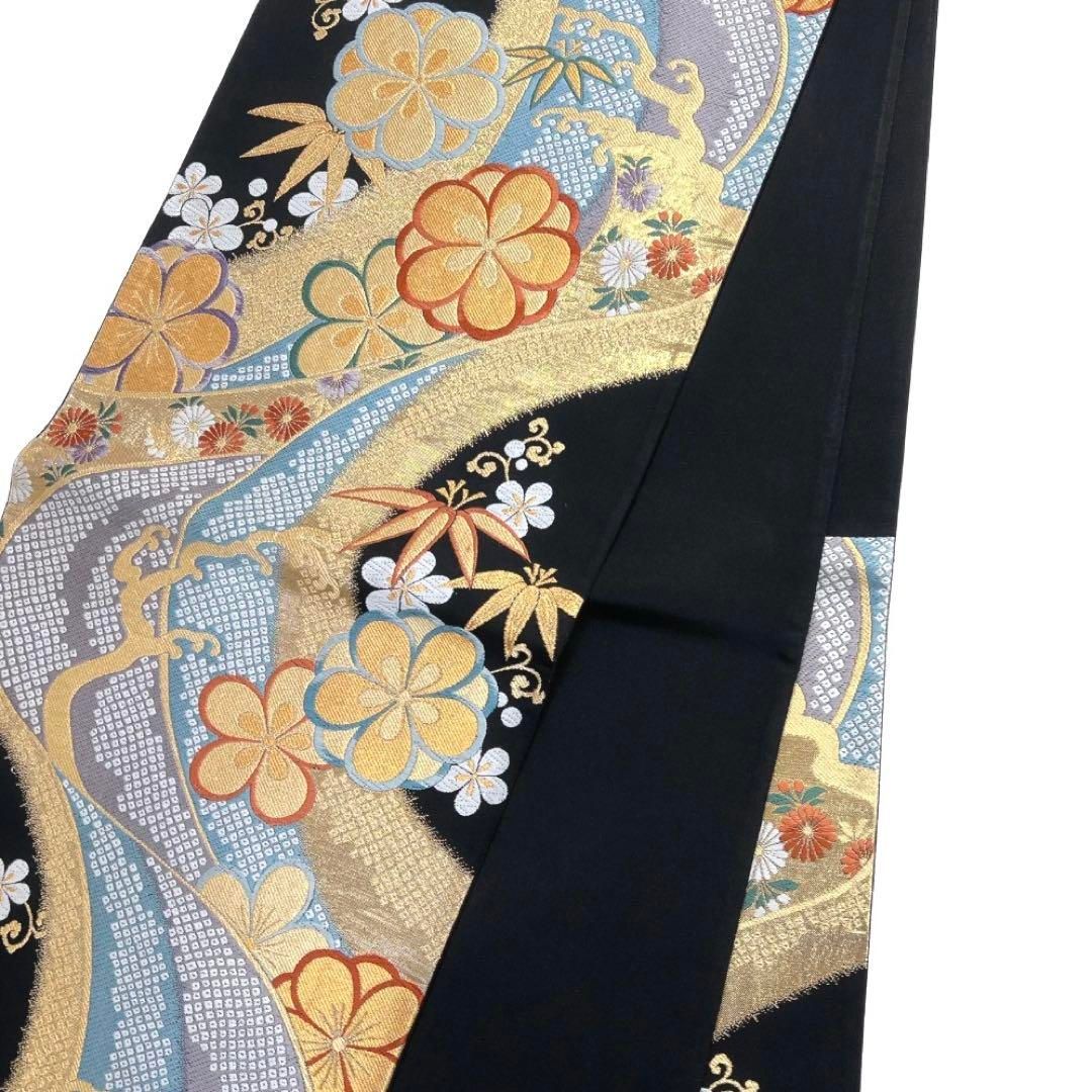 振袖帯　流水　金糸　梅花　竹　菊　鹿の子　黒地　袋帯　着物　041a d 振袖帯 流水 金糸 梅花 竹 菊 鹿の子 黒地 袋帯 着物 041a d