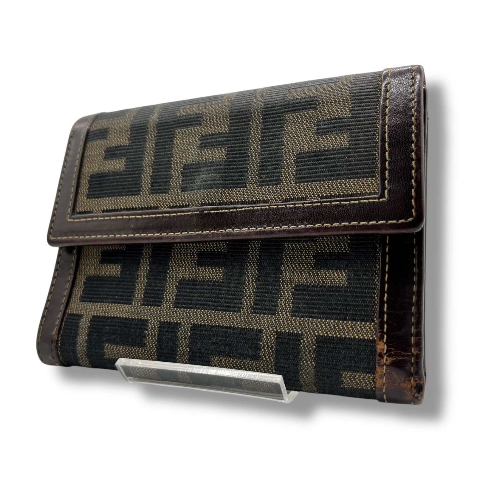 FENDI ズッカ 三つ折り財布 キャンバス レザー ダークブラウン