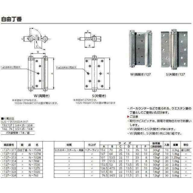 杉田エース 自由丁番W 両開き 127mm N-127W 127-312 2枚1組
