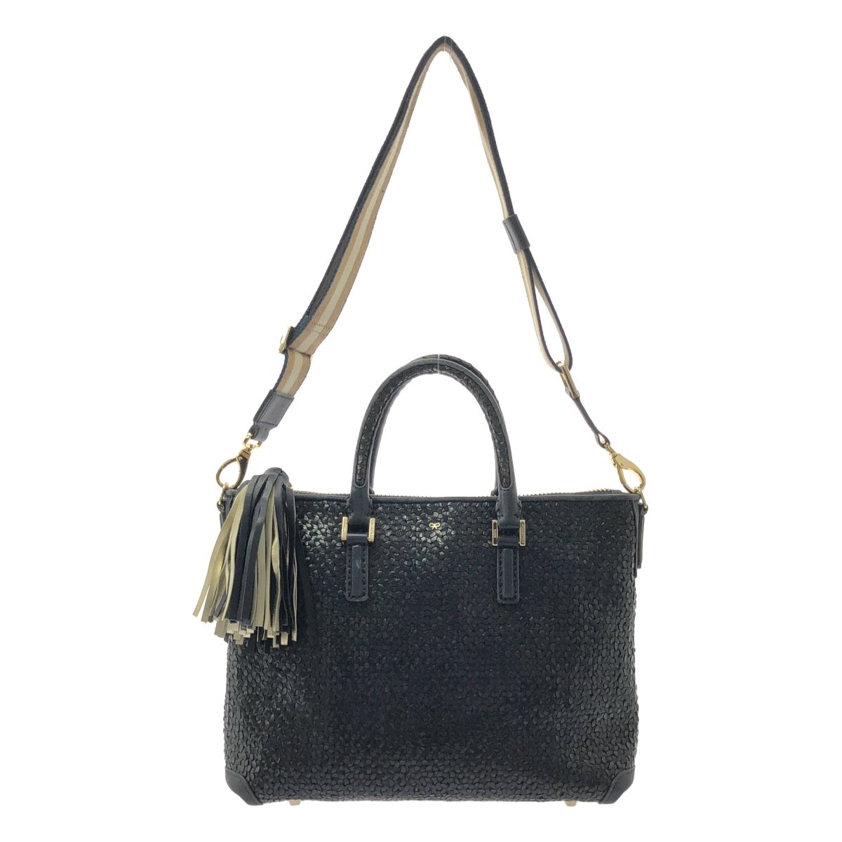 ANYA HINDMARCH | アニヤハインドマーチ | 2way ショルダー付き レザー 編み込み フリンジチャーム ハンド トートバッグ | ダークネイビー | レディース