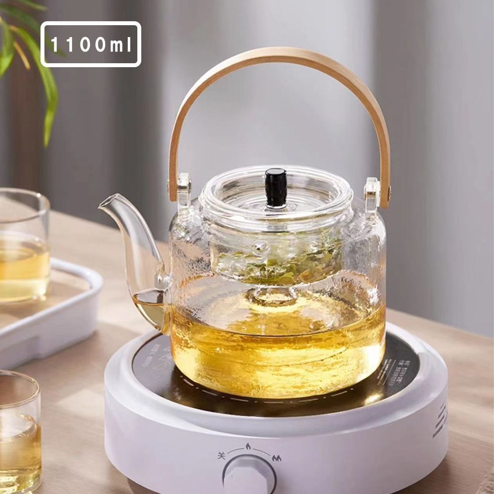 送料無料 耐熱ガラス ティーポット ダブル茶こし付き 木製持ち手 ガラス製ポット ガラス急須 ジャンピング 紅茶ポット フルーツティー 花茶 工芸茶 蒸茶 煮茶 に ガラス急須 直火可