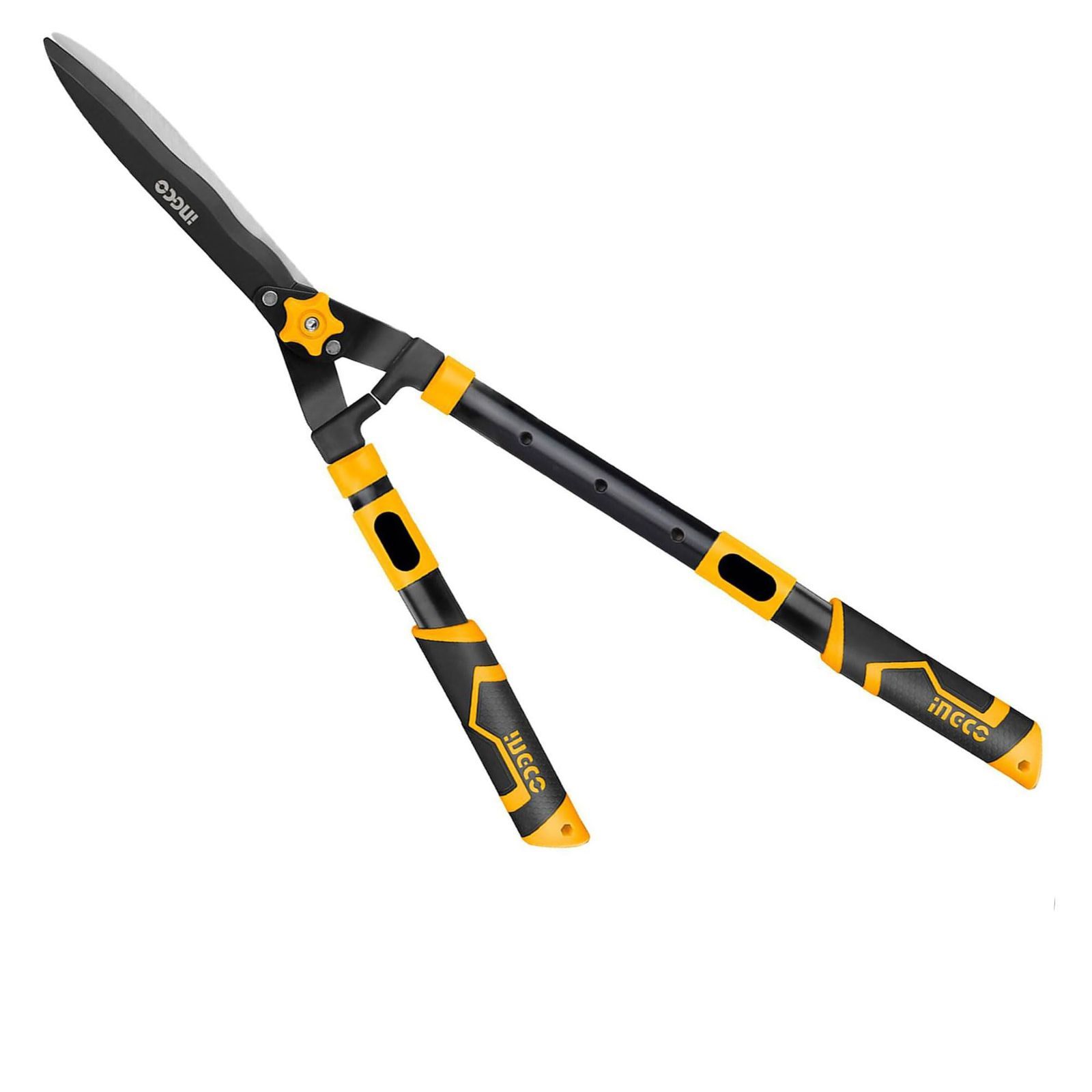 【数量限定】INGCO 伸縮刈込鋏 四段階伸縮式 ボタンで長さ調節710-860mm 切断能力生木10mmまで 波状の刃 刃長280mm 庭木の剪定作業用 HHS6306