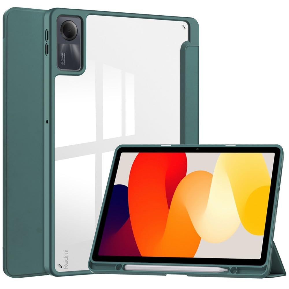 【数量限定】Pad Pad (Redmi 軽量 SE SE 耐衝撃 三つ折りスタンド オートスリープ機能付き タブレットケース カバー se pad 深緑) redmi ペンホルダー付き 透明 背面クリア ケース 11インチ Redmi 2023年