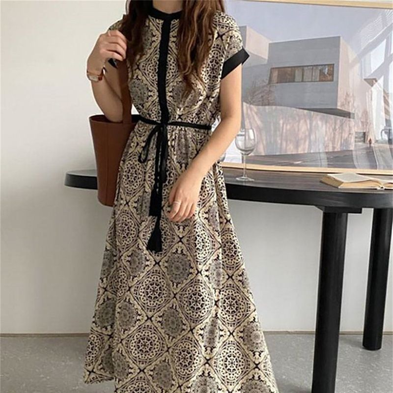 ロングワンピース フレンチスリーブ 半袖 ワンピース ペイズリー柄