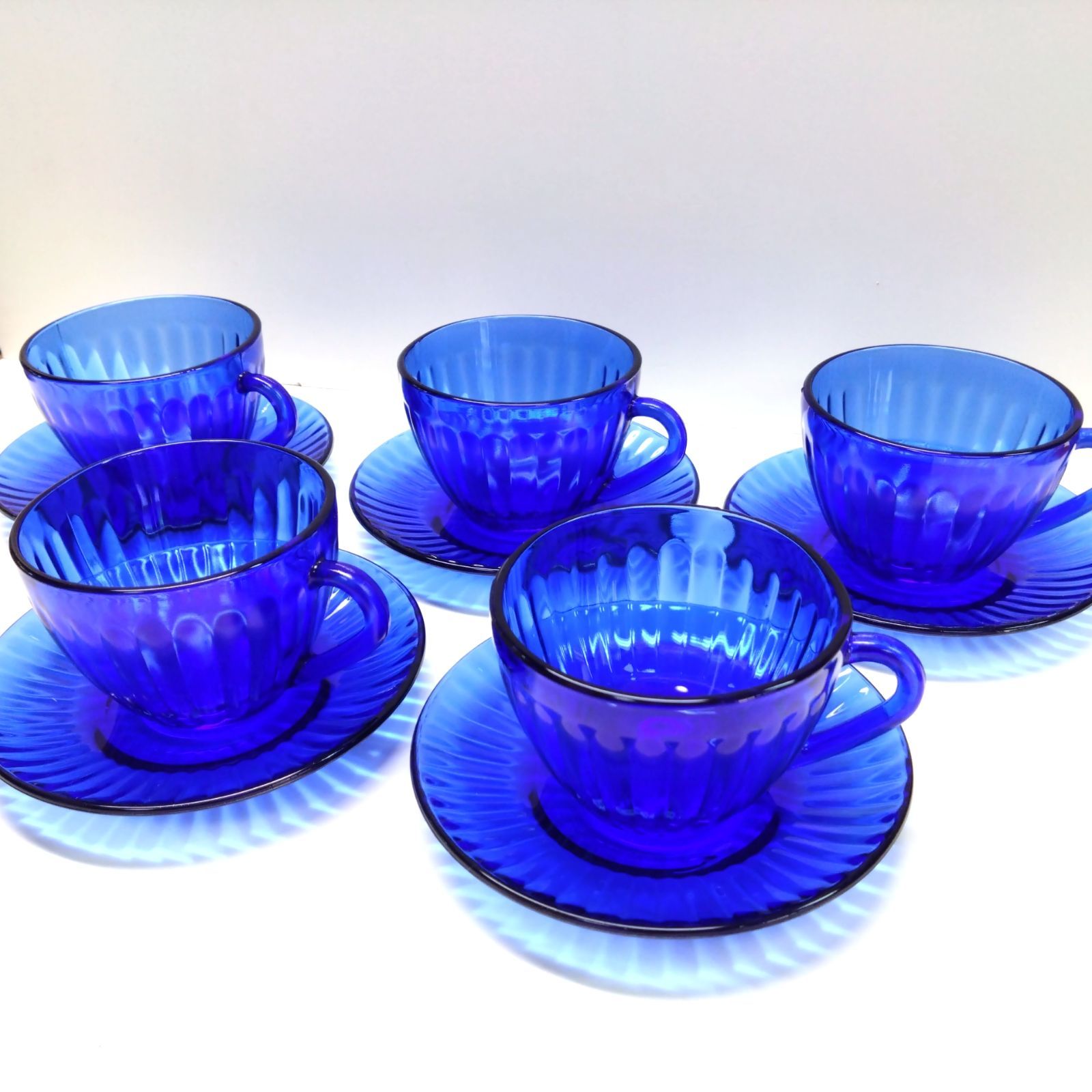 72 corolex ブラジル製 青 ガラス カップ ソーサー 5客 セット レトロ