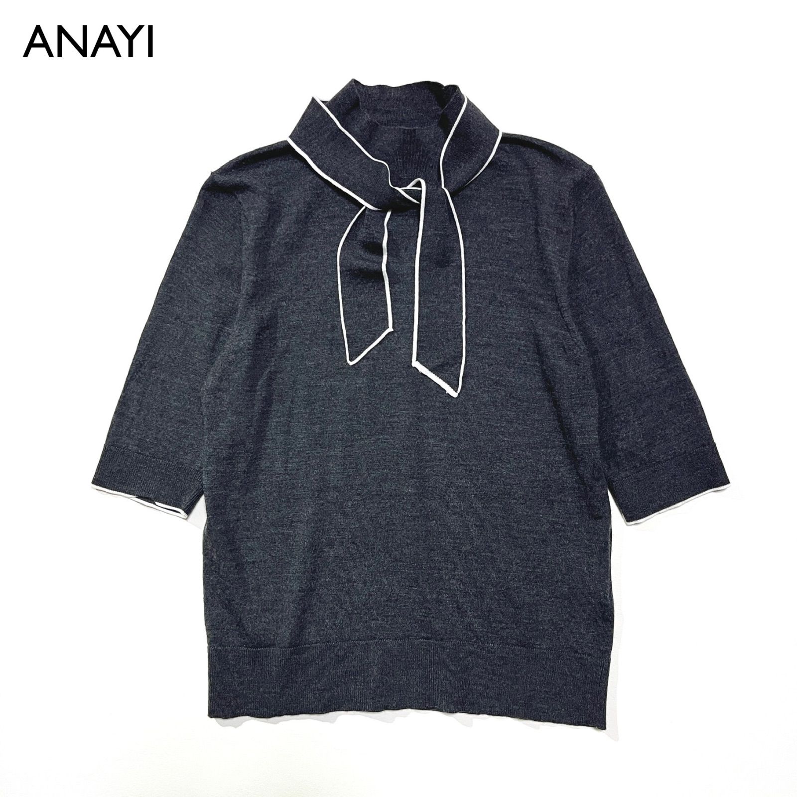 cD60 ANAYI ロロ ピアーナ ボウタイ ボウタイブラウス Loro Piana 春ニット ハイネック 定価25 300円