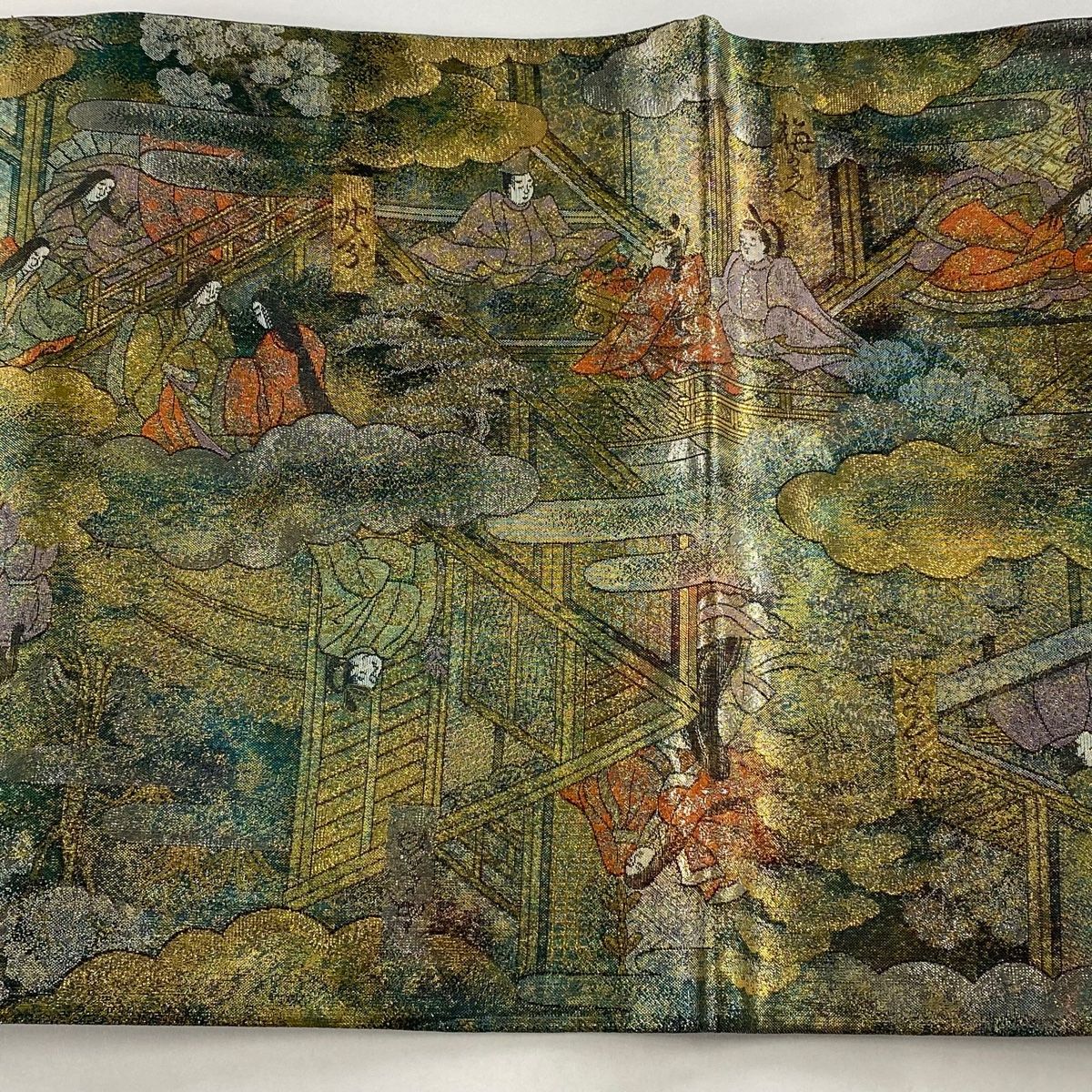 袋帯 美品 名品 24金プラチナ二重箔 源氏物語絵巻 緑 お太鼓柄 正絹 