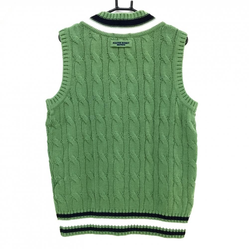 マスターバニー ニットベスト グリーン×ネイビー ケーブル編み コットン混 メンズ 6 XL ゴルフウェア MASTER BUNNY EDITION