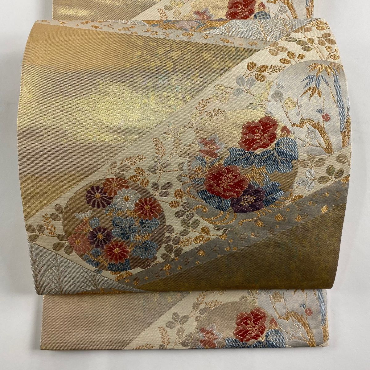 袋帯 秀品 琳派裂取文 金糸 箔 金色 六通 正絹