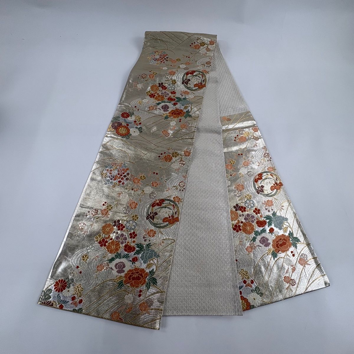 袋帯 美品 秀品 花丸文 流水 箔 唐織 金色 六通 正絹 【中古