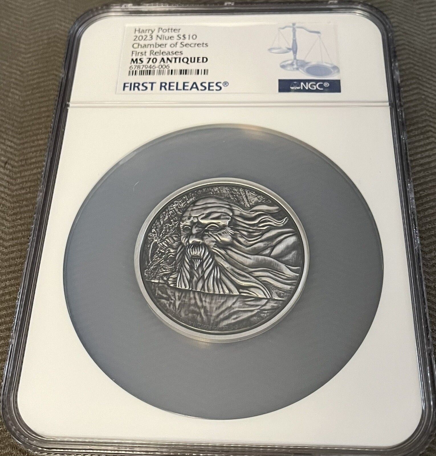 HARRY POTTER CHAMBER OF SECRETS 3 OZ SILVER COIN NGC MS70 FR ANTIQUED